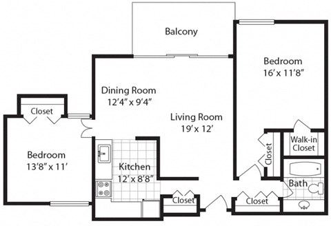 2  Bed   1  Bath   1,079 Sq. Ft. THE MARVIN (w/Balcony) Floor plan at The Langston Views, Washington, Washington
